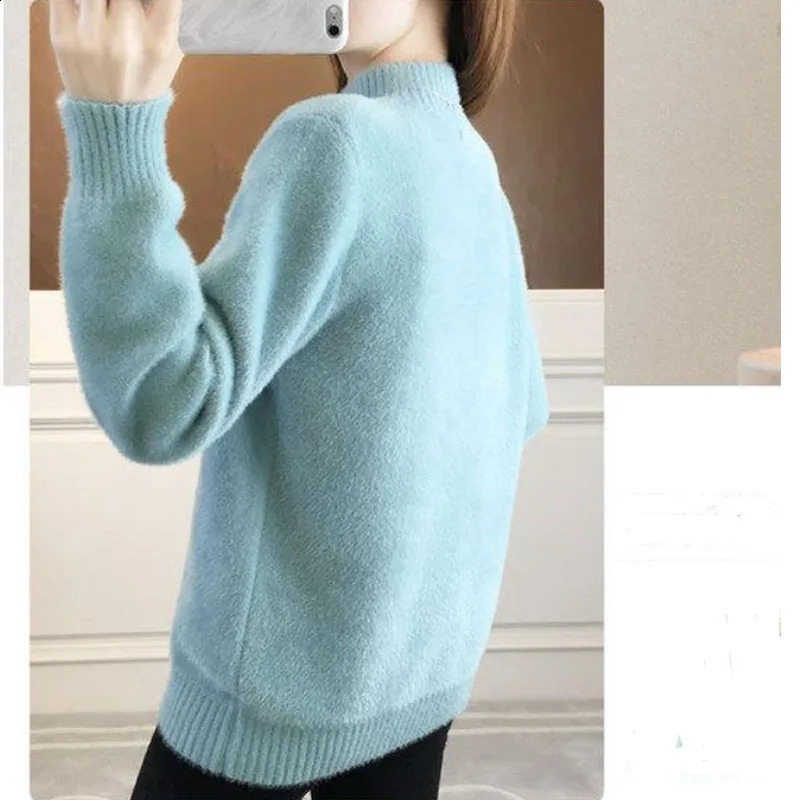 Autumn Winter Womens Fashion Half High Collar Deer Shaped Embroidery Loose Sweaters Casual Versatile Long Sleeve Tops 240812