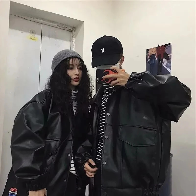 European and American street PU leather jacket trend loose fit suitable for motorcycle clothing womens pilot couple 240812