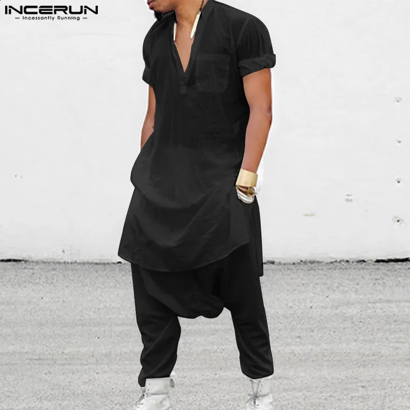 Casual Simple Style Suit INCERUN Mens Suit Solid Short Sleeve Side Slit Medium Length Robe Trousers Muslim Two-piece Sets S-5XL 240813