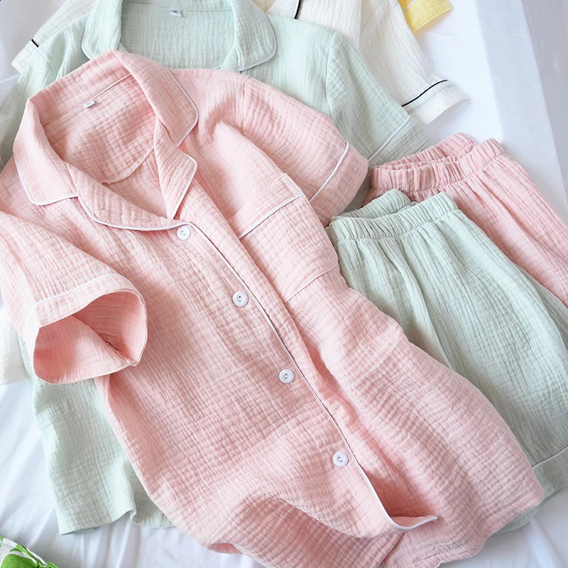 Summer Cotton Crepe Short-sleeved Shorts Pyjamas Women Solid Thin Sexy Pajamas Loungewear Sleepwear Pink Home Couple Pijamas 240813