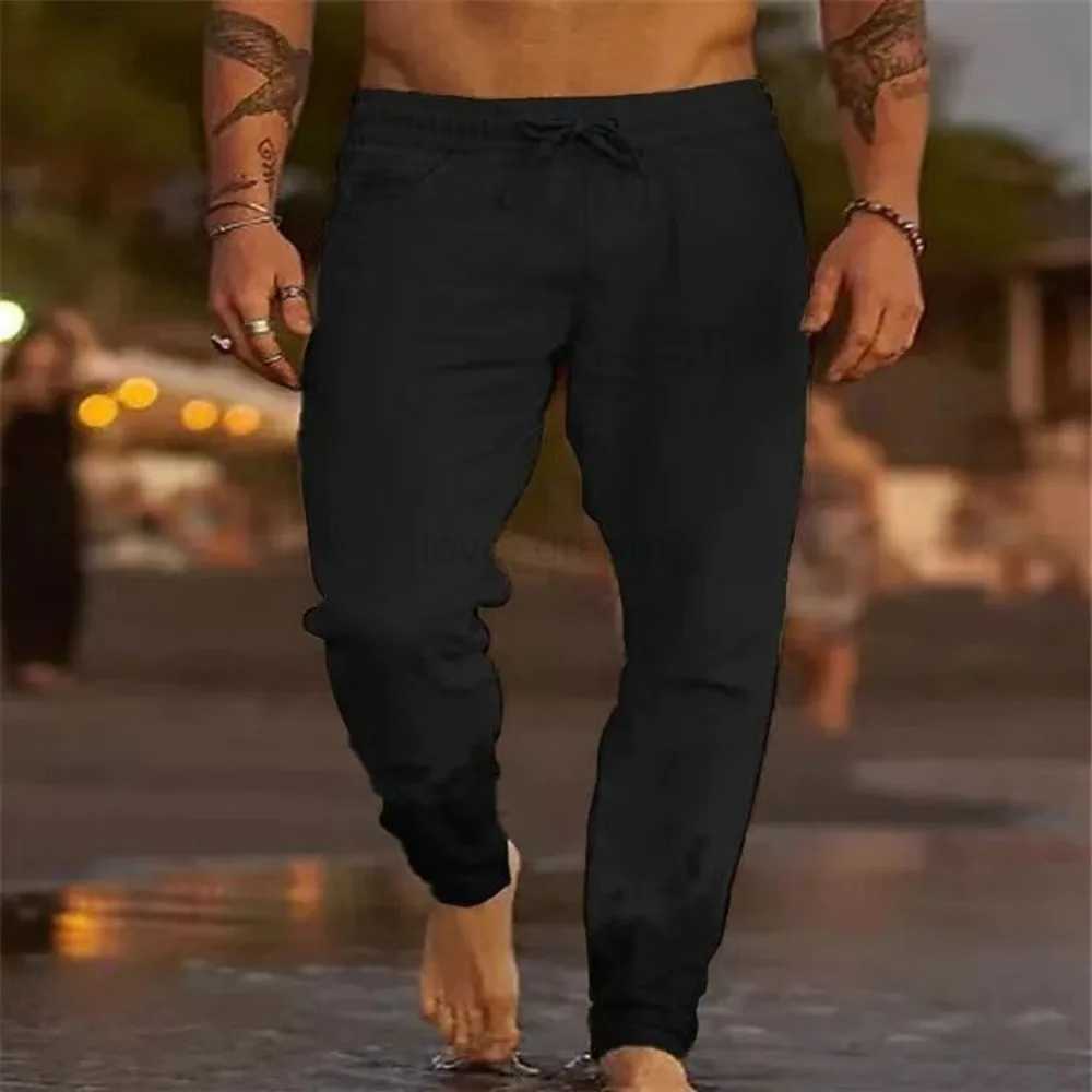 Mens Beach Pants Joggers Streetwear Cotton Linen Sweatpants Casual Pants Hawaiian Vacation Loose Summer Straight Pants MaleXJ240813