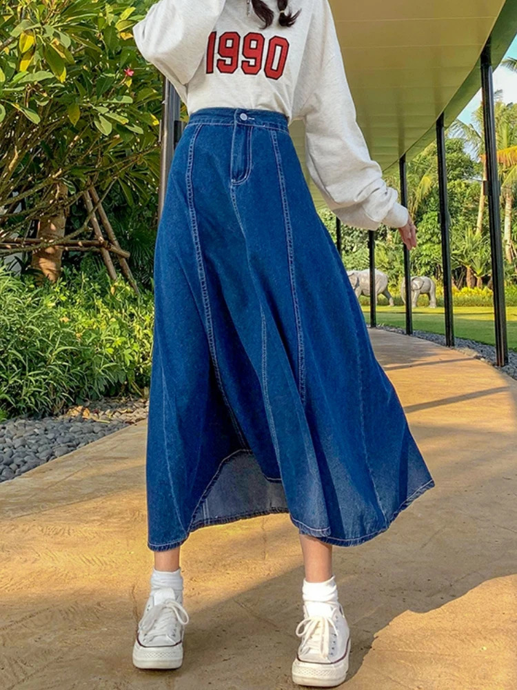 Maxi Long Skirts Women Spring Summer Casual High Waisted Jean Skirt Ladies Splicing A-Line Ruffle Denim Skirt Plus Size 5XL 6XL 240812