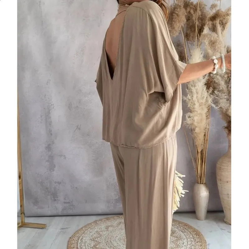 2024 Long Pant Sets Summer two piece set For Women V neck Bat Sleeve Casual Loose Wide-leg Pants 2 piece set solid color Outfits 240813