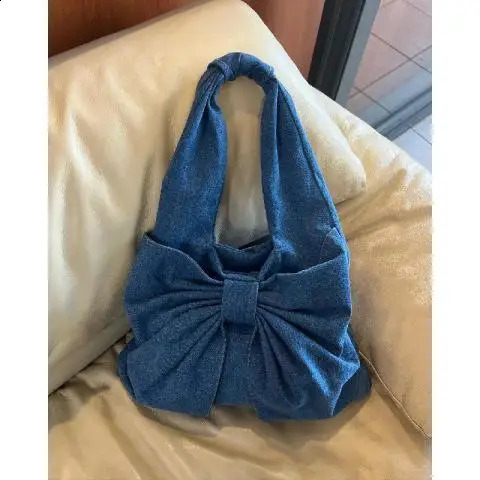 JIAERDI Haruku Bow Denim Shoulder Bags Women High Street Girls Large Capacity Tote Bag Female Fairycore Aesthetic Handbag 240813