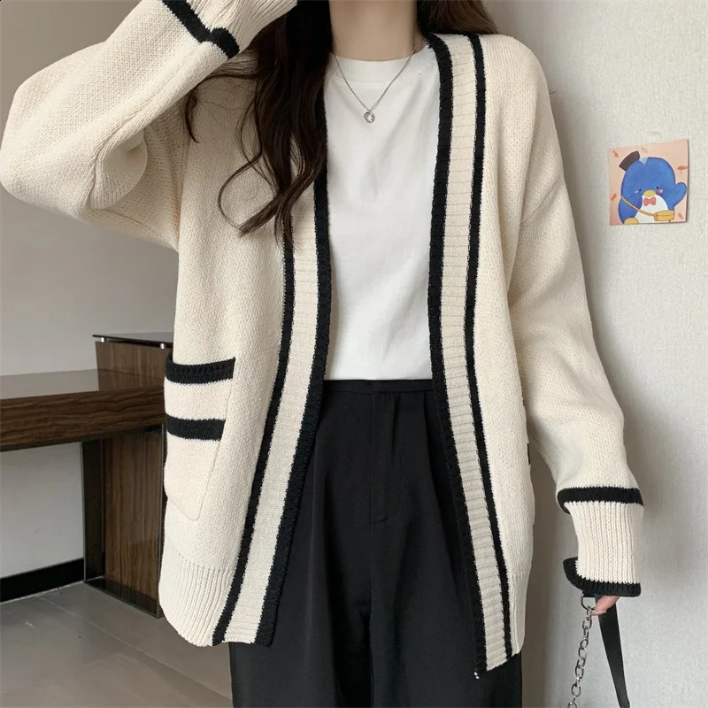 Varsity Cardigan Long Sleeve V-Neck Open-Front Sweaters Knit Jacket for Women Preppy Style 240812