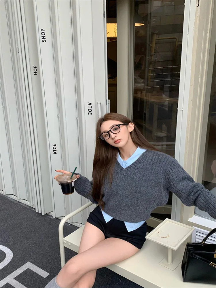 Basic Grey Cropped Sweater Women Vintage Korean Style Slim Gray Long Sleeve Knit Jumper Female Preppy Fashion 240812