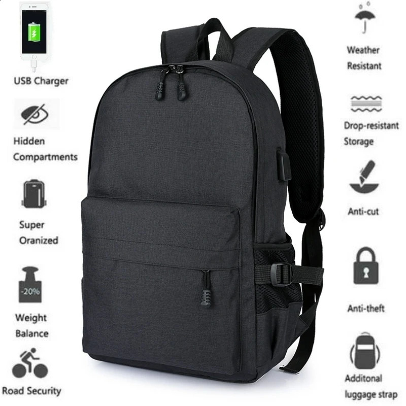 Fashion BlackGrey Mens Laptop Backpack Travel School with USB Charging Port 240813