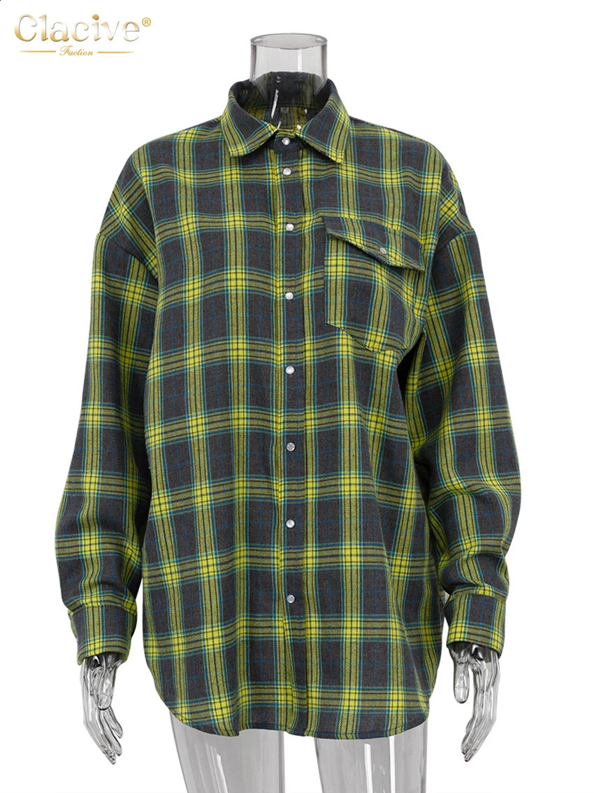 Clacive Vintage Loose Plaid WomenS Shirt Fashion Lapel Long Sleeve Office Lady Shirts And Blouses Tops Female Clothing 240812