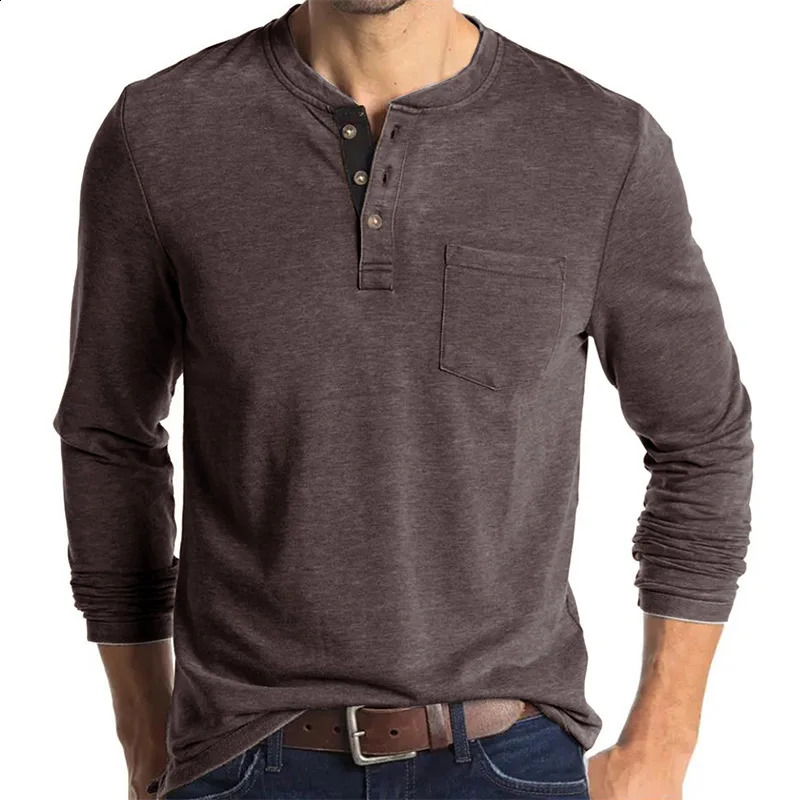 Beauty Vintage Casual Round Neck T-shirt Mens Solid Button Patchwork Pocket Trendy Versatile Cotton Breathable Long Sleeve Top 240812