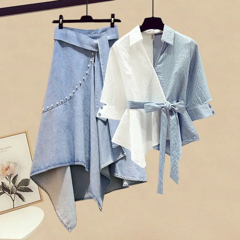 Summer Blue Patchwork Chiffon Shirt Tops Irregular Lace Up Denim Short Skirt Two-piece Elegant Womens Skirt Set Casual Outfits 240812