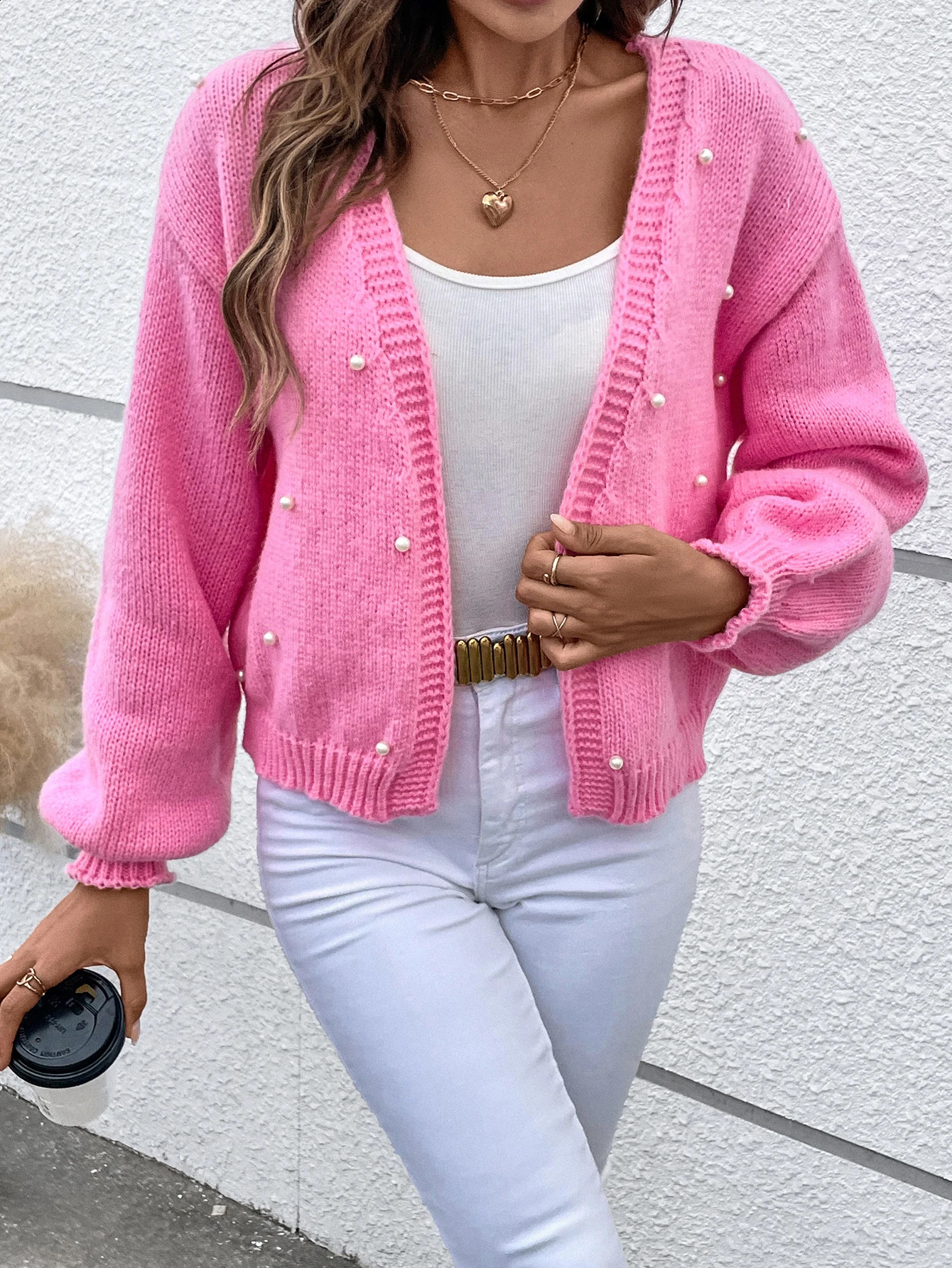 Beaded Open Front Knit Cardigan Elegant Long Sleeve For Spring Fall Womens Clothing 240812