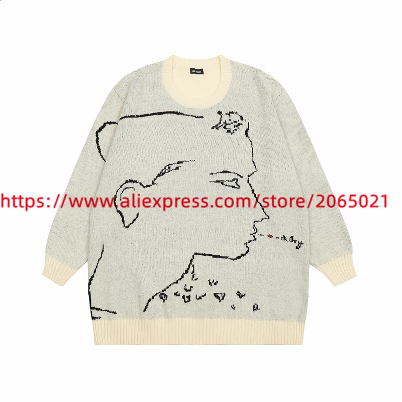 fw RAF SIMONS Outline Line Beige Figure Round Neck Sweater For Men Women Quality Knit Casual Sweatshirts 240813