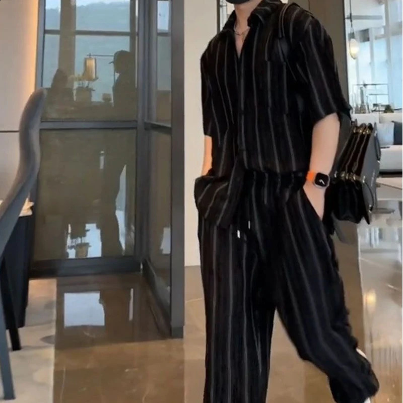 Gmiixder unisex striped shirt set for mens summer loose ironless shirtcasual pants twopiece sports 240812