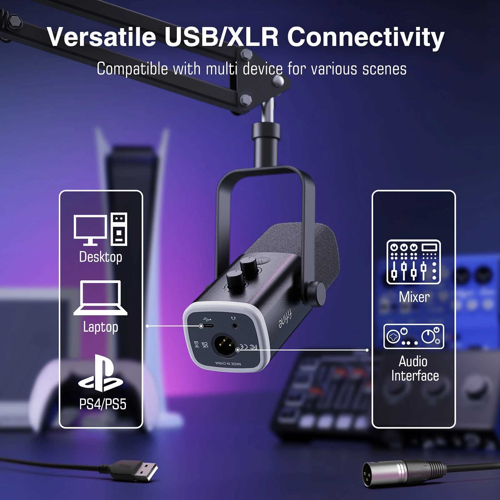 FIFINE Dynamic XLR Microphone Kit with Boom Arm for MixerGaming USB Mic Set with RGBVolume Control for PC PS5/4 AmpliGame AM8T CL240813