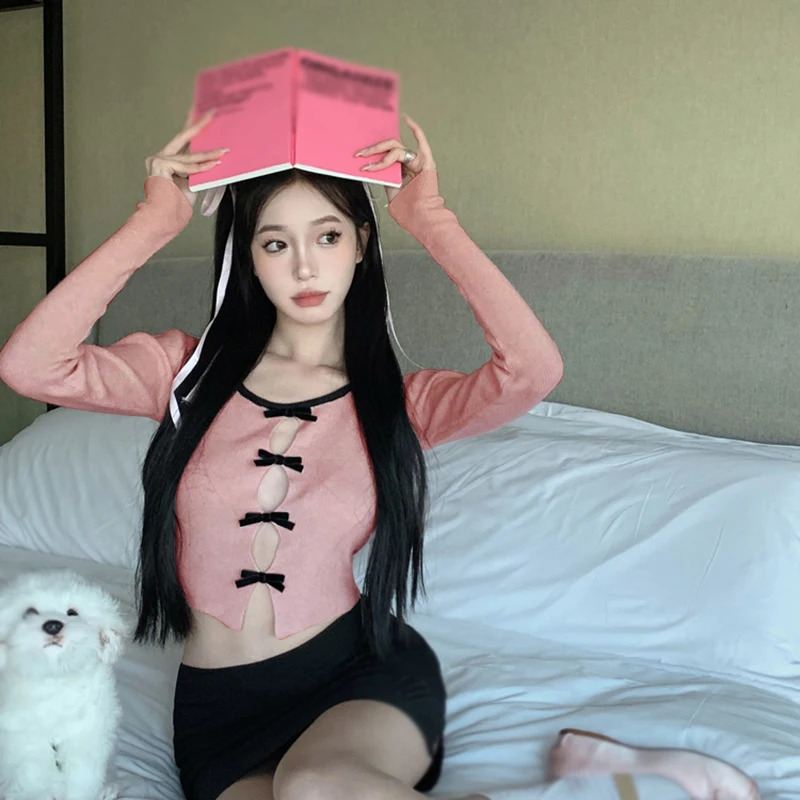 Womens long sleeved round neck breathable knitted thin sweet bow decoration fashionable fully matched sweater top autumn 240812