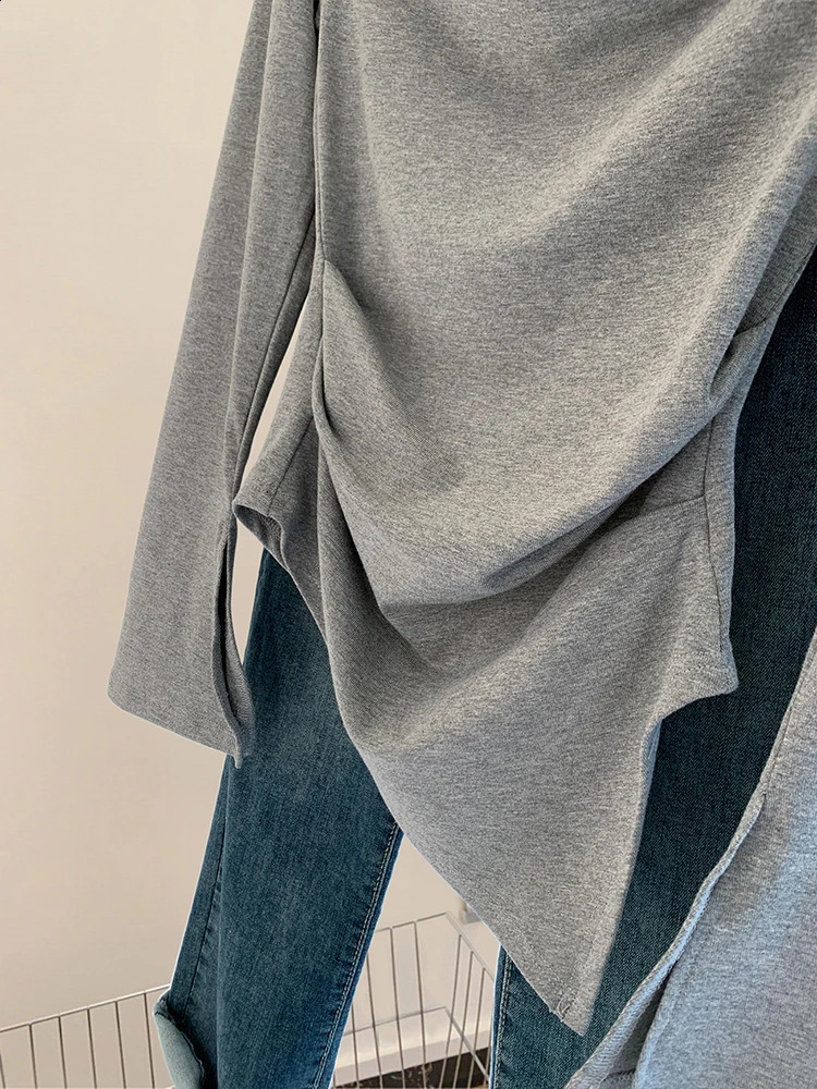 Swinging collar long sleeved Tshirt womens autumn sexy irregular ultrathin top fashion version solid color 240812