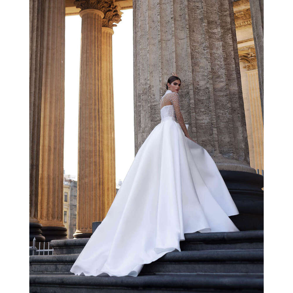 Popular A-e Gown Wedding Dresses Pearls Bow Sashes Satin Bridal Gowns High-Neck Big Vestidos De Novia Custom Size Colour