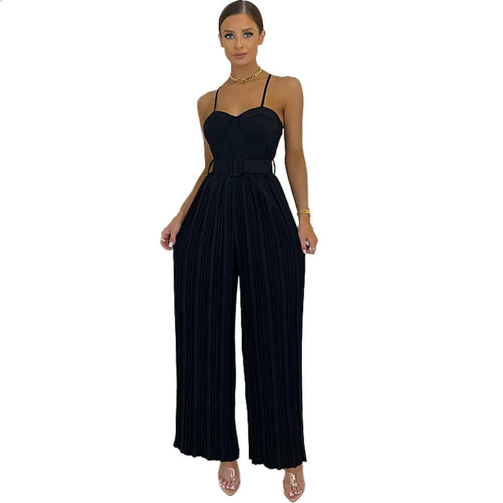 Summer Casual Suspenders Long Jumpsuit Women Sexy Fashion Solid Sleeveless Sashes Pleated Wide Leg Jumpsuit Orange Female 240813