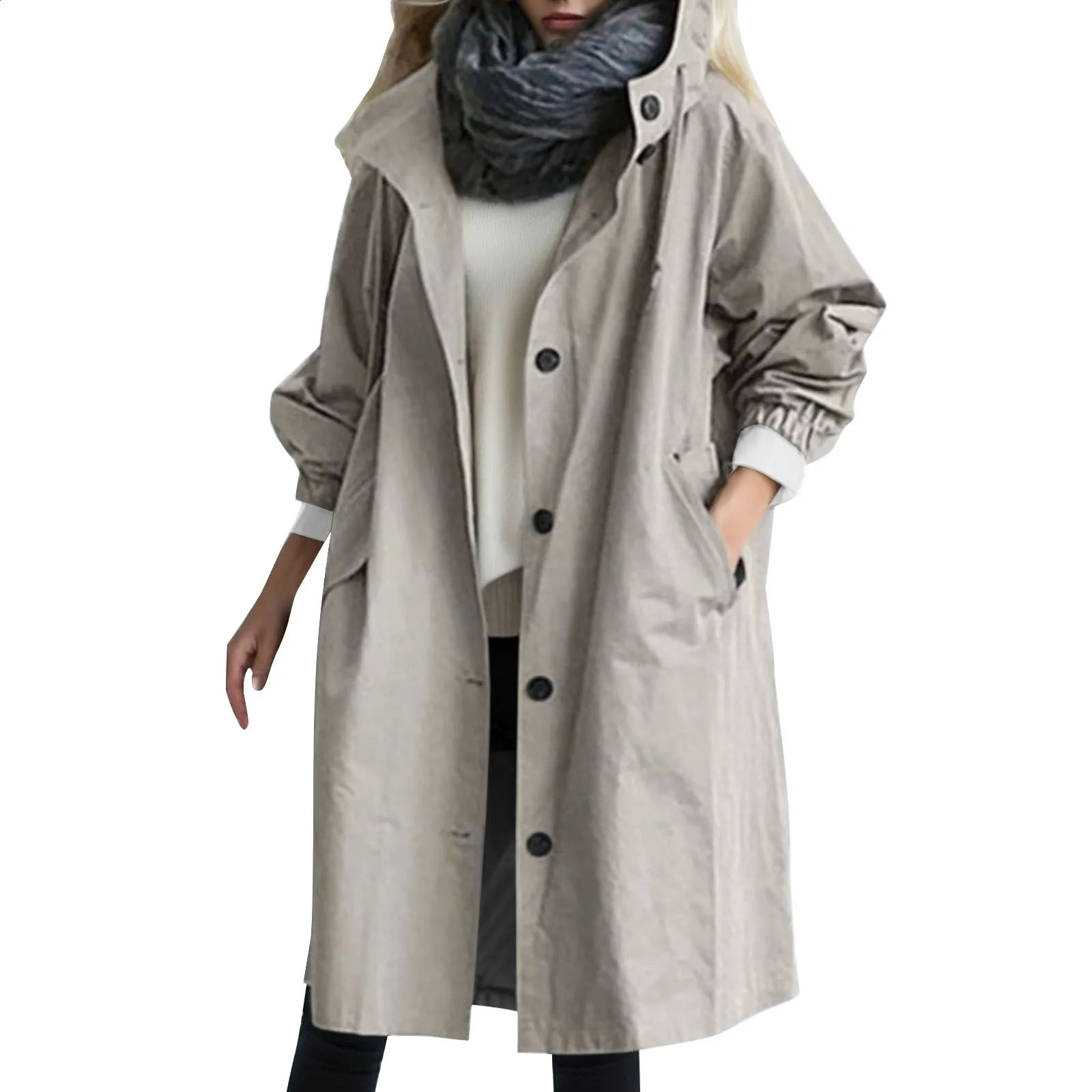 Women Fashion Trench Coat Spring Autumn Casual Hooded Medium Long Overcoat Loose Windproof Coat Korean Trendy Large Size 240813