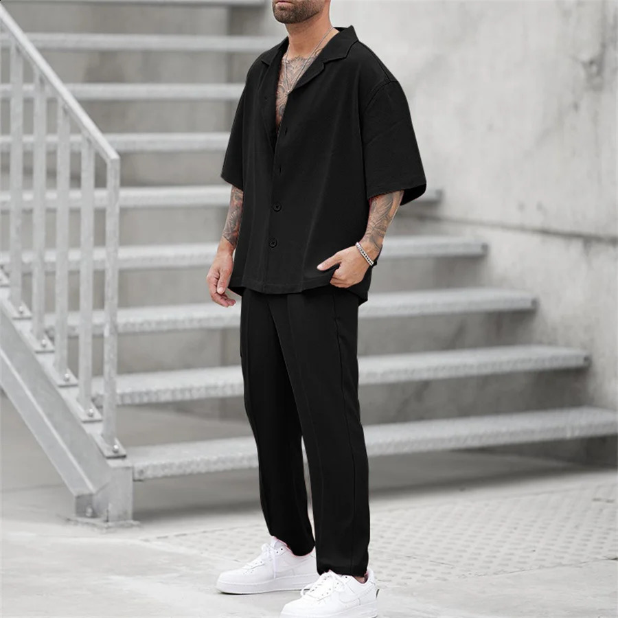 Summer mens 2piece casual short sleeved collared button up shirt and pants set top Trouser Streetwear 240812