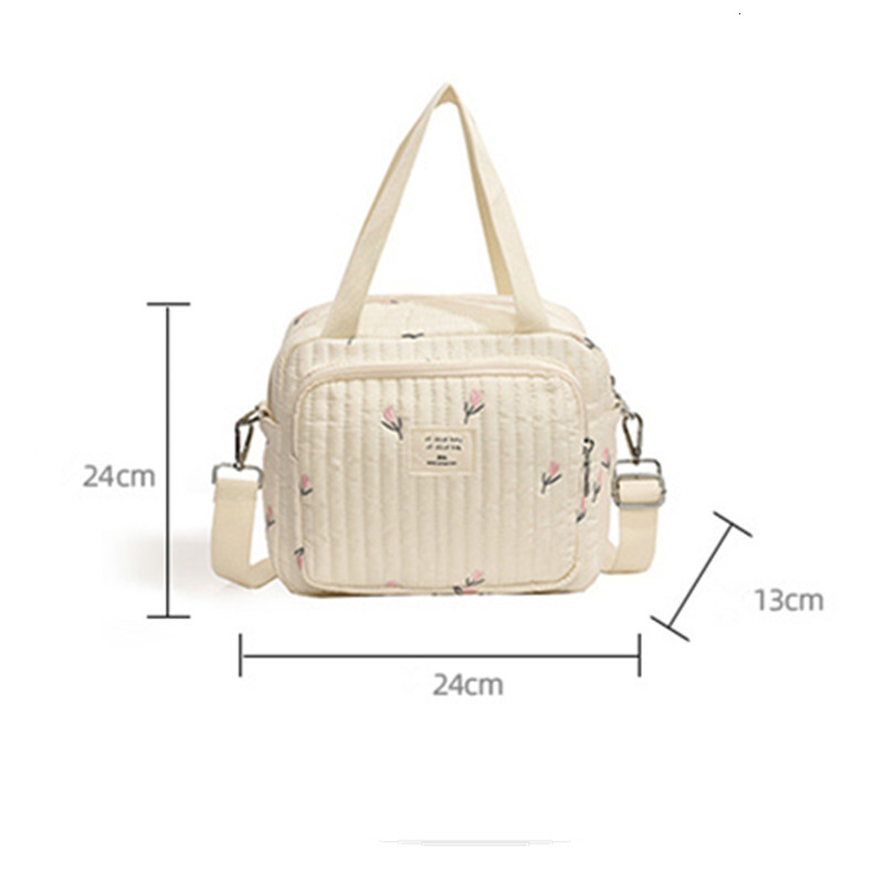 Cute Bear Flower Embroidery Pattern Baby Beige Cotton Fabric Zipper Diaper Handbag New Lage Bag