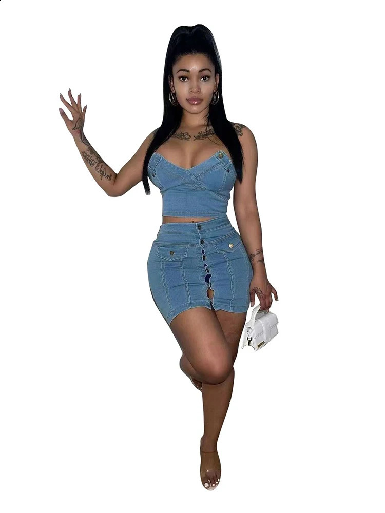 Summer Women 2 Piece Set Denim Fashion Female Cover Up Vest and Mini Skirt Sets Sexy Suit Wholesale Drop 240812