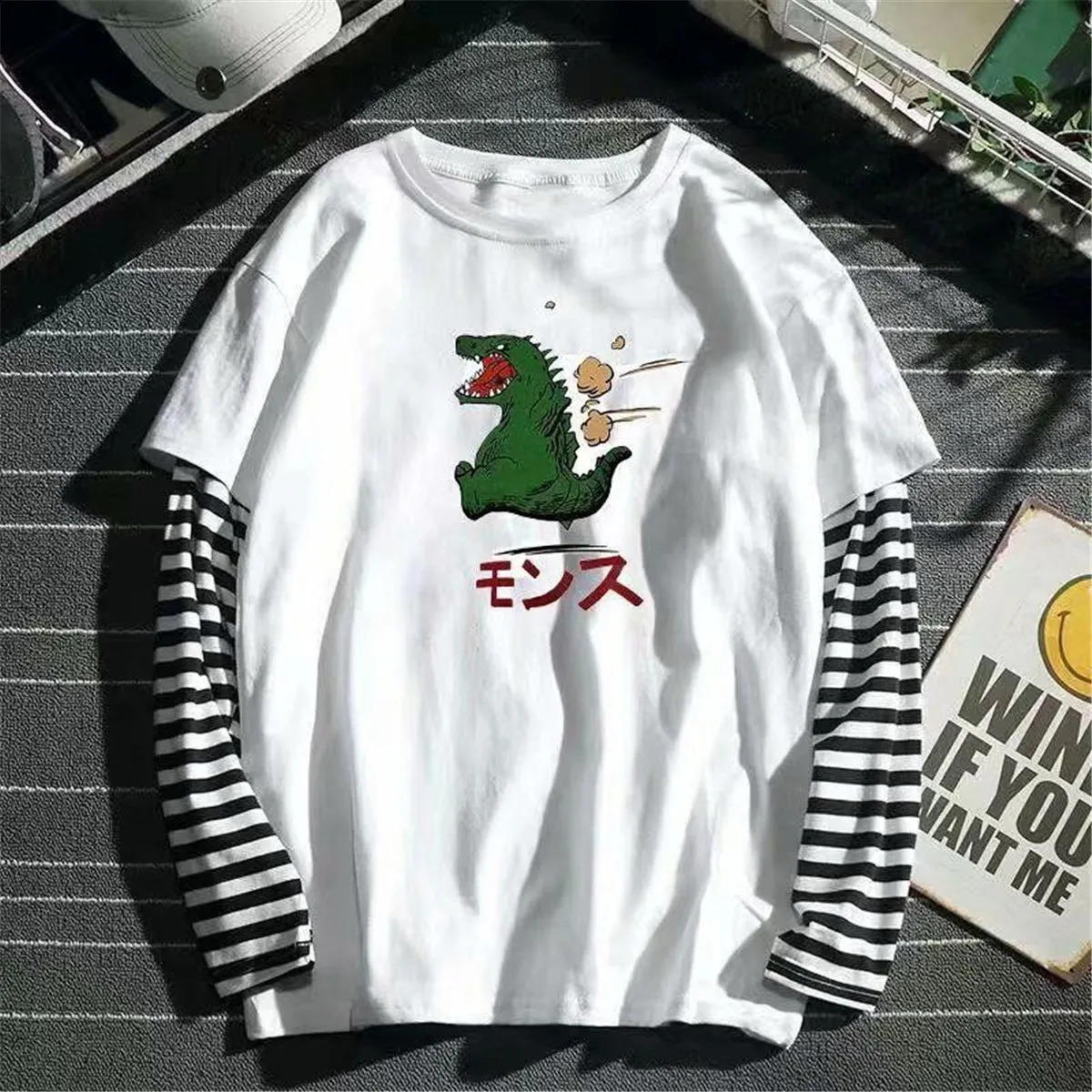 Cool Striped Patchwork T-Shirt Men Autumn Oversize Tops Boys Solid Long Sleeve T Shirt Fashion Japanese Gothic Japan T Shirt 240812