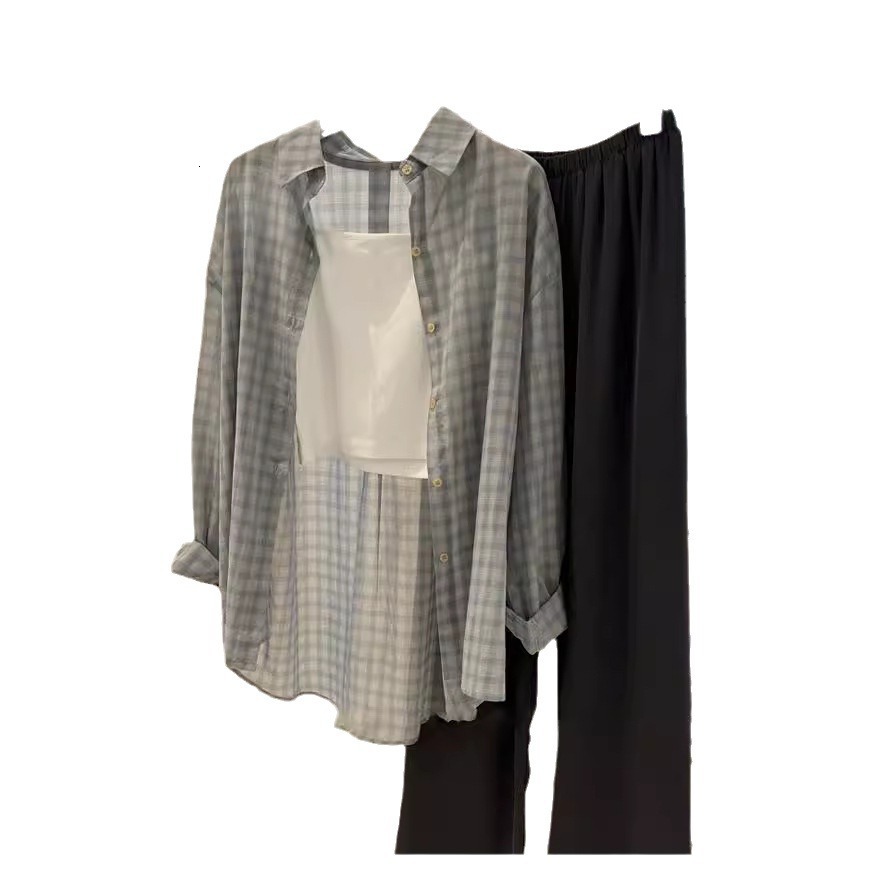 Fat girl plus size slightly chubby thi long sleeved blue checkered women s summer loose sun protection shirt cover up shirt