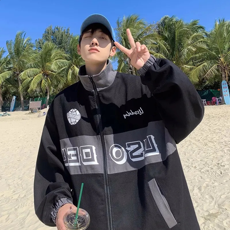 Sping Korean Fashion Varsity Jacket Mens Splicing Work Windshield Letter Printing Coats Color Block Thin College 240812