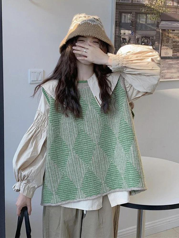 Sweater Vests Women Green Preppy Style Cute Autumn Ins Trendy All-match Cozy Basic Argyle Ladies Knitting College Dating 240812