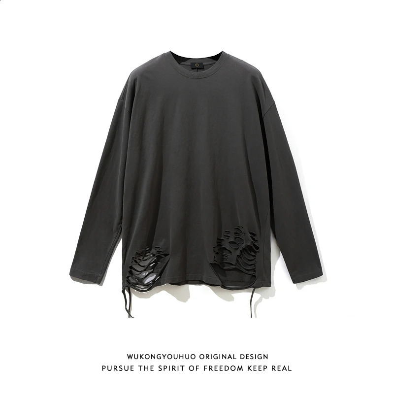 Fall Knife Cut Ripped Hole Long Sleeve Men Round Neck T Shirts Personality Hip Hop Punk Fashion Casual 2xl Oversized Streetwear 240812