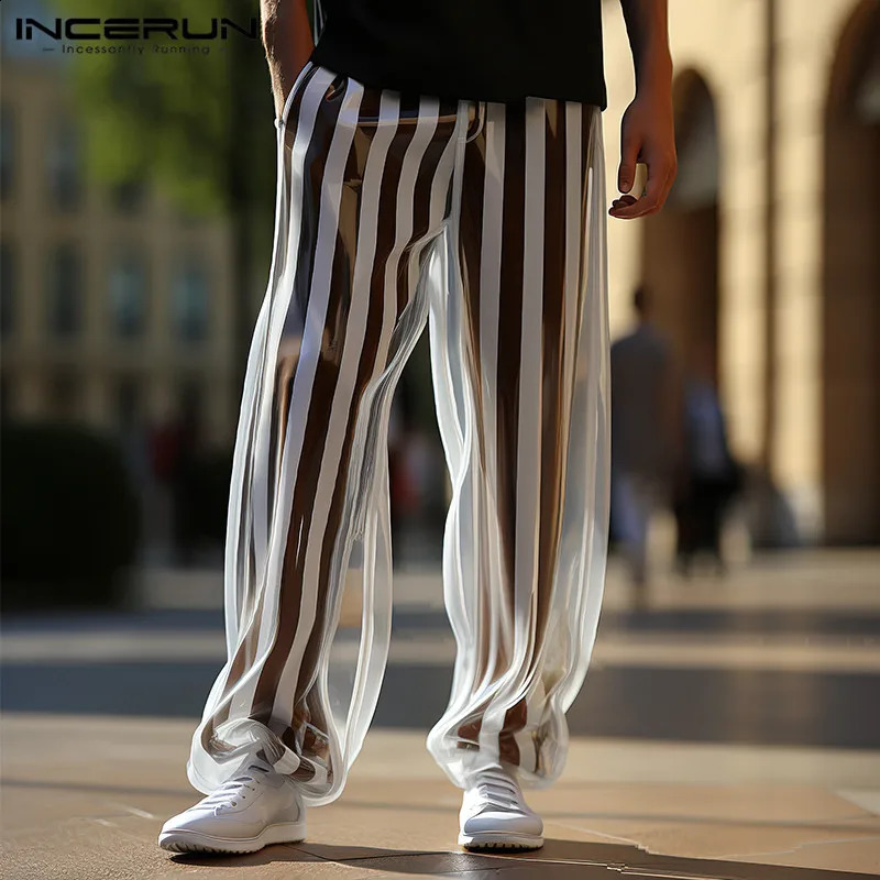 Men Striped Pants Mesh Transparent Elastic Waist Sexy Trousers Streetwear Loose Fashion Casual Pantalon S2XL INCERUN 240812