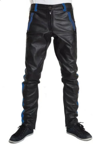 Mens COWHIDE LEATHER PANTS COLOR STRIPES BIKERS 240812