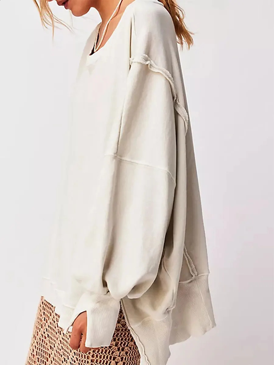 Womens Slouchy Oversized Sweatshirts Ladies Long Sleeve Side Slit Crew Neck Drop Shoulder Fall Pullover Tops 240812