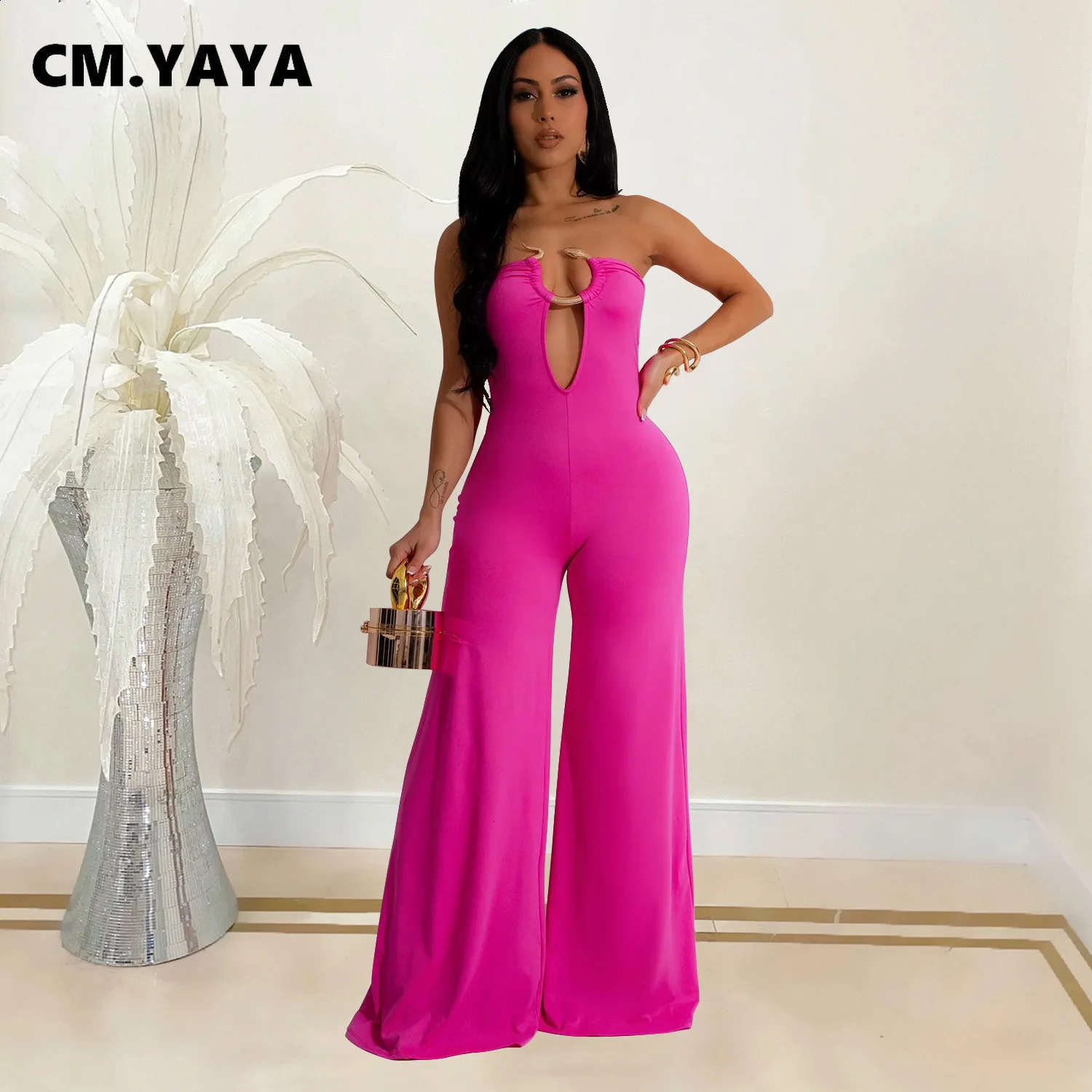 CM.YAYA Women Wide Leg Deep V-Neck Sleeveless Jumpsuits 2024 Summer Hollow Out Night Street Club Playsuit One Piece Suit Romper 240813