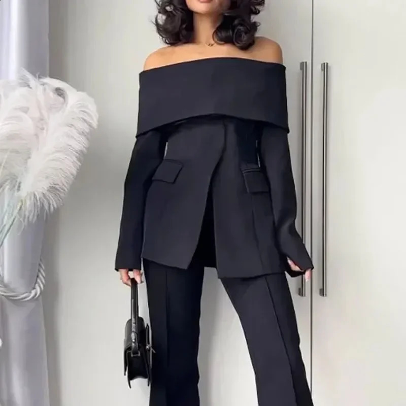 Womens solid neck shoulder jacket high waisted casual pants set office ladies twopiece womens coat 240812