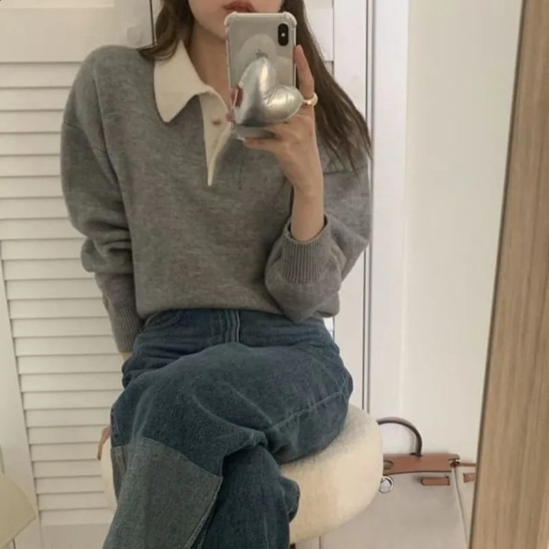 Deeptown Vintage Long Sleeve Female Sweater Korean Style Youthful Woman Gray Jerseys Office Wear Elegant Ladies Knit Pullovers 240813