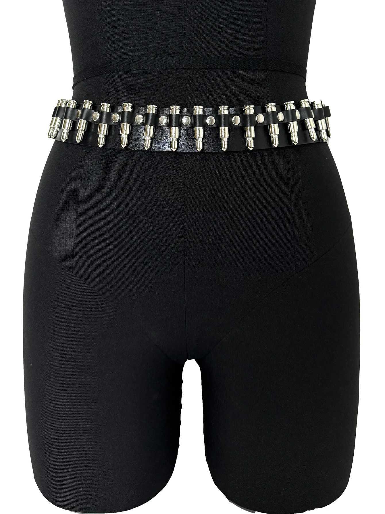 Fashion womens leather bullet decoration belt Gothic punk rock Mustang womens leather waist sealing belt clothing accessories W240807