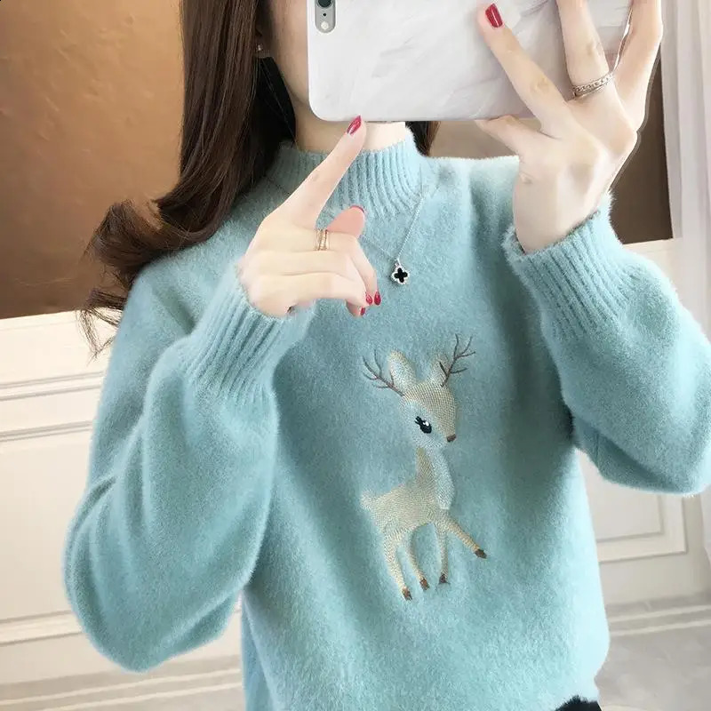 Autumn Winter Womens Fashion Half High Collar Deer Shaped Embroidery Loose Sweaters Casual Versatile Long Sleeve Tops 240812