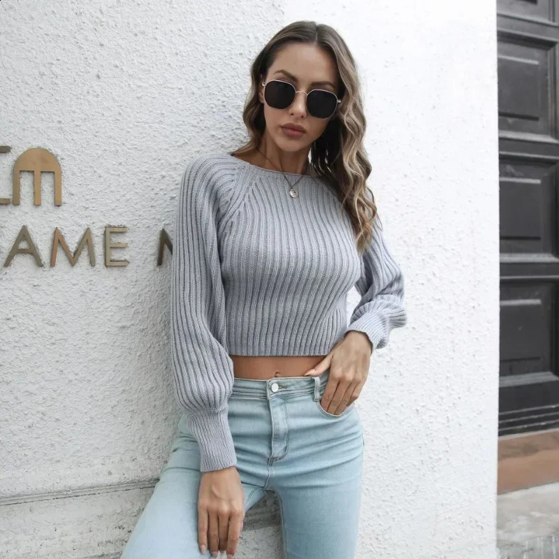 Women Sexy Solid Long Sleeve Cropped Sweaters Harajuku Skinny Pullovers Autumn Winter Clothes Korean Chic Casual Y2k Streetwear 240812