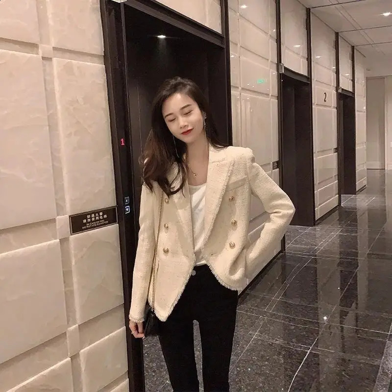 Classic Cropped Blazers for Women Jacket Spring Autumn Korean Fashion Double Breasted Tweed Suit Coats Slim Fit Vintage Top 240812