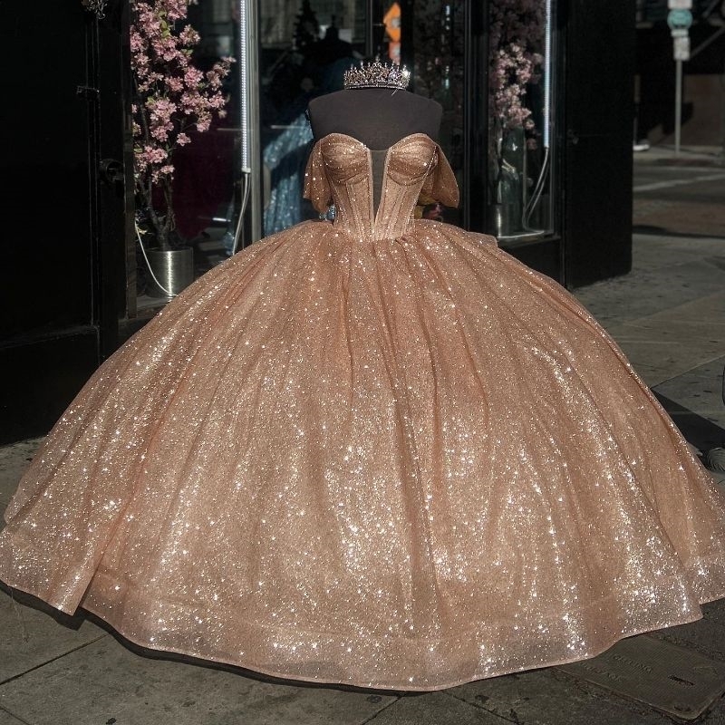 Gold Puffy Skirt Princess Sweetheart Quinceanera Dresses Off shoulder Gillter Bow Lace-up Corset Charro vestido xv 15 anos mexican