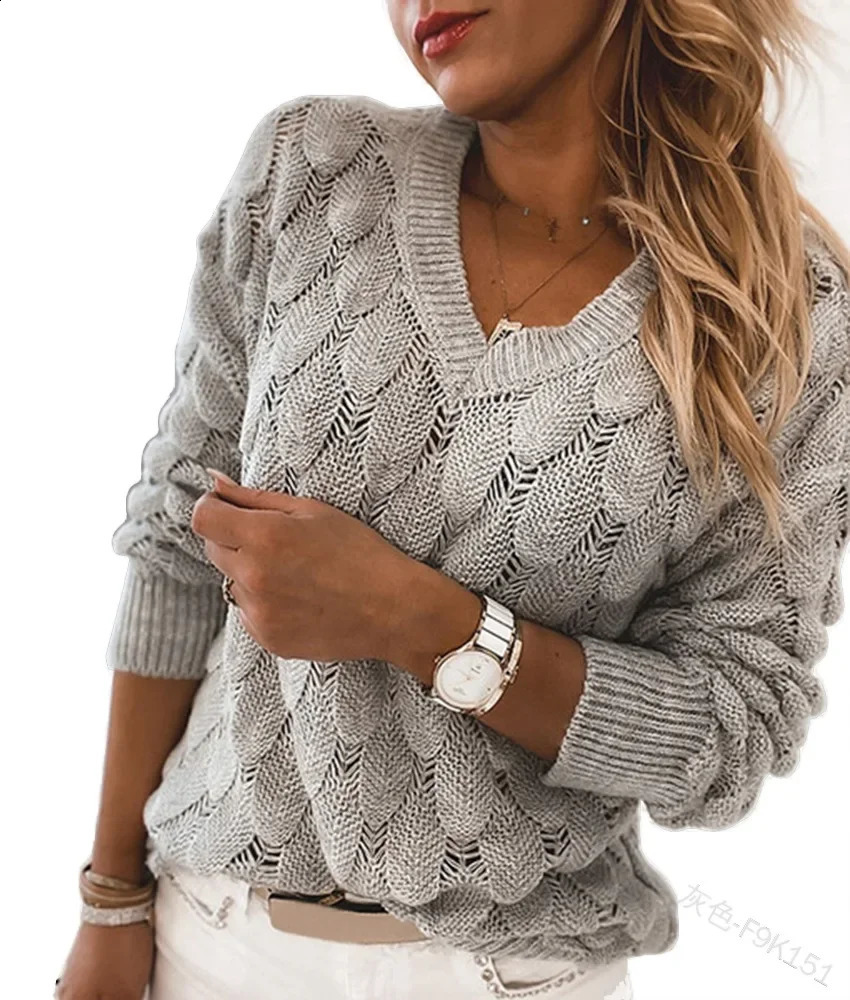Sweater Fashion Womens Pullover Long Sleeve Women Pullover V-neck Hollow Out Solid Color Casual Sweater Top 240813