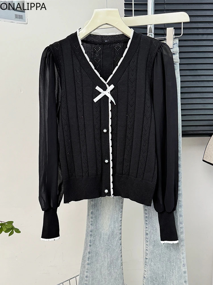 Onalippa Sweet Bow Hollow Out Knitted Cardigan Single Breasted Solid Long Sleeves Cardigans Preppy Style Loose Sweater Women 240812