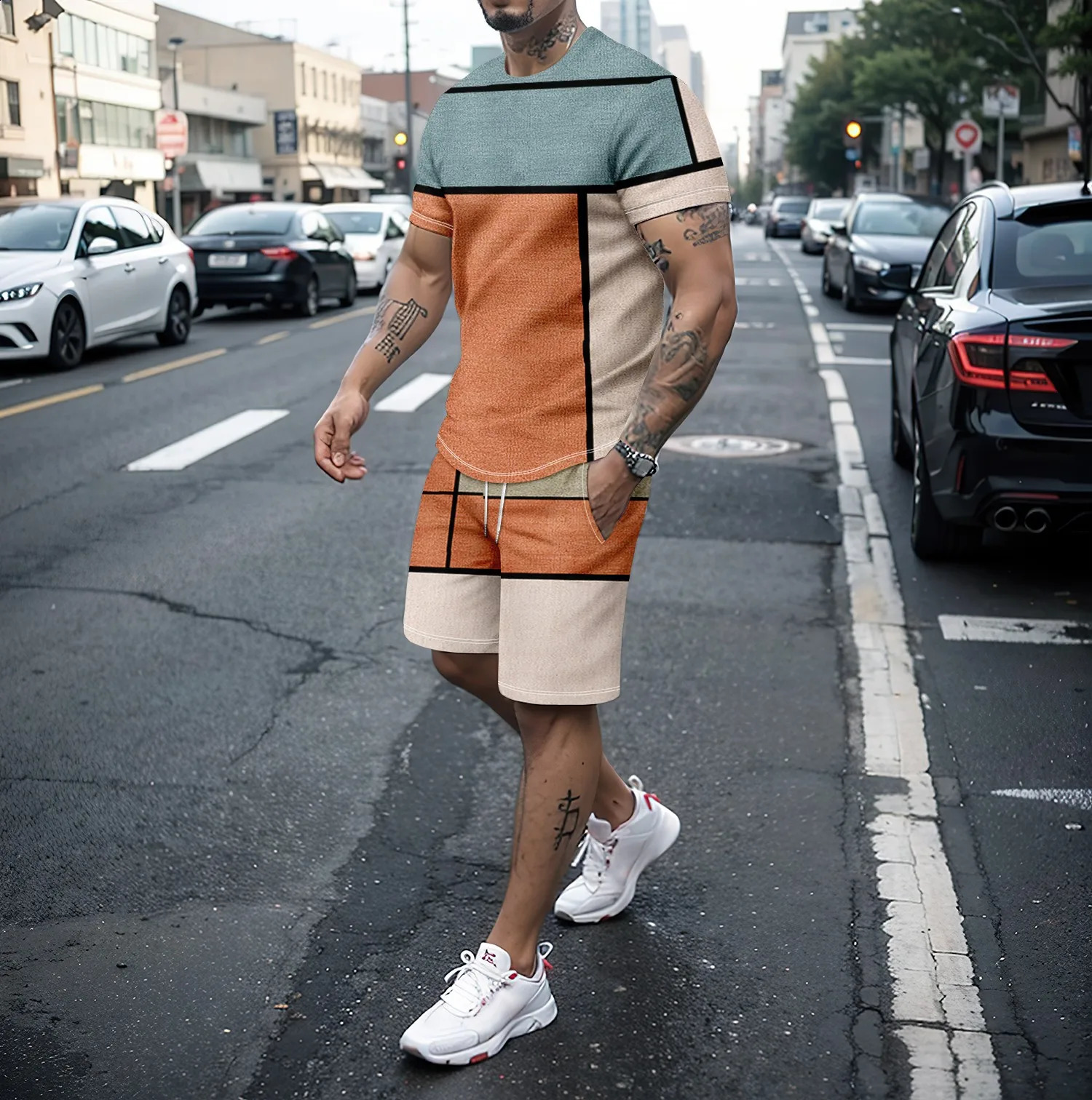 Plus size mens novel 3D line splicing T-shirt shorts summer set street cool two-piece set suitable for large and tall men S-5XL 240813
