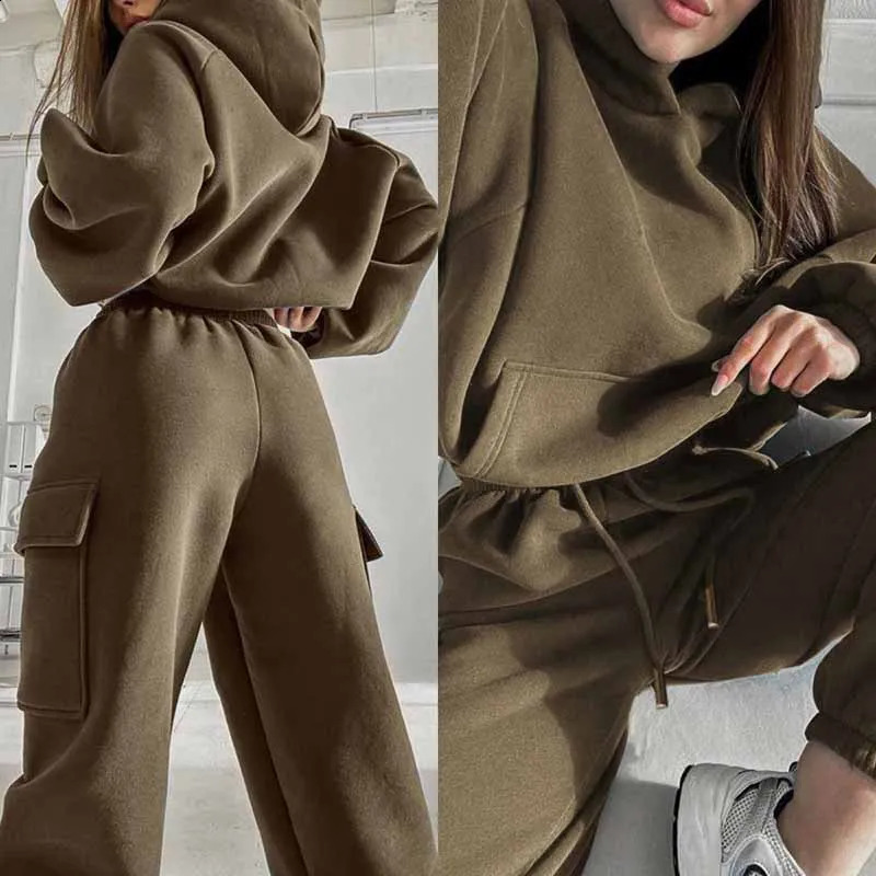 Autumn and Winter 2piece Womens Track Field Wear Wool Long Sleeve Warm Hoodie Jogging Pants Casual Set Solid Sports 240809