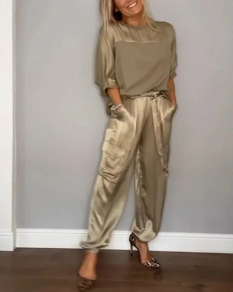 Summer Fashion Solid Satin Two Piece Set Women Round Neck Long Sleeved Top Long Pants Casual Loose Two Piece Set Women 240813