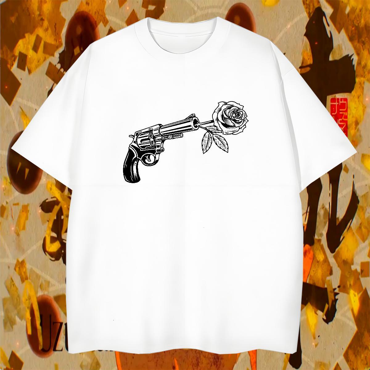 Loose T Shirt For Man pistol O Neck Short Sleeves Daily Outfit Custom Big Size 100% Cotton 230g Men Clothes T-Shirt Fashion New Tees