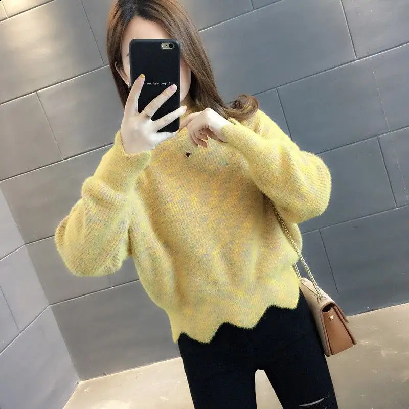 Women Winter Korean Half High Neck Pullover Mink Plush Sweater Trendy Jacquard Knit Bottom Shirt Warm Loose Long Sleeve Tops 240812