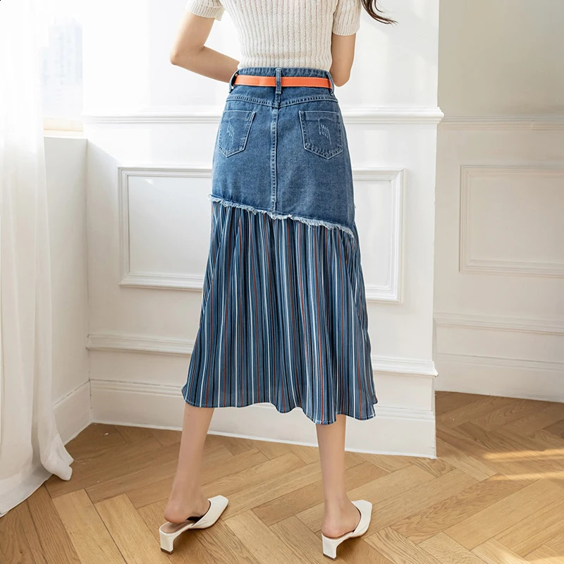 S-5XL Patchwork Pleated Jeans Skirts Women High Waist Ripped Skirts Vintage Elegant Korean Fashion Denim Skirts Big Size KS10294 240812